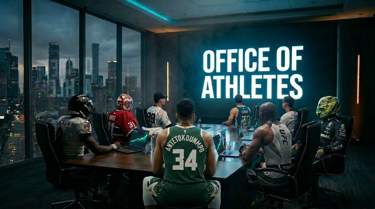 Giannis Antetokounmpo, Kamaru Usman, and other elite professional athletes seated in a futuristic boardroom facing a luminous screen reading Office of Athletes, with investment-growth charts on the laptops in front of them